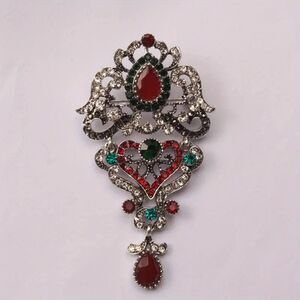 Vintage Filigree Brooch – Silver-Plated with Red, Green & Clear Rhinestones